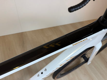 Lichtgewicht Canyon Endurace CFR racefiets met zwart-wit frame en aerodynamische kenmerken, geschikt voor lange ritten en triatlons
