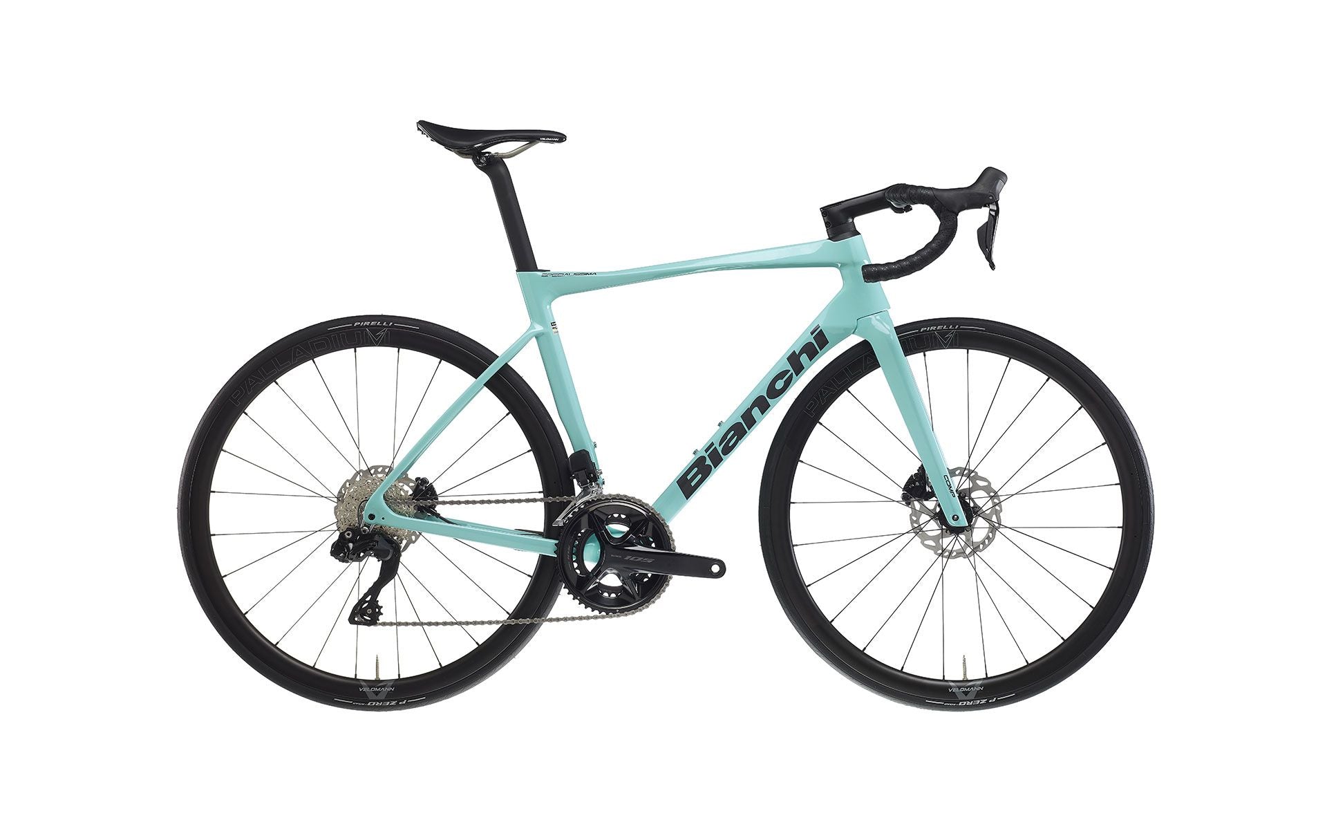 Fiets Bianchi Specialissima Comp in celeste kleur met lichte frame en racefietscomponenten, geschikt voor wielrenners.